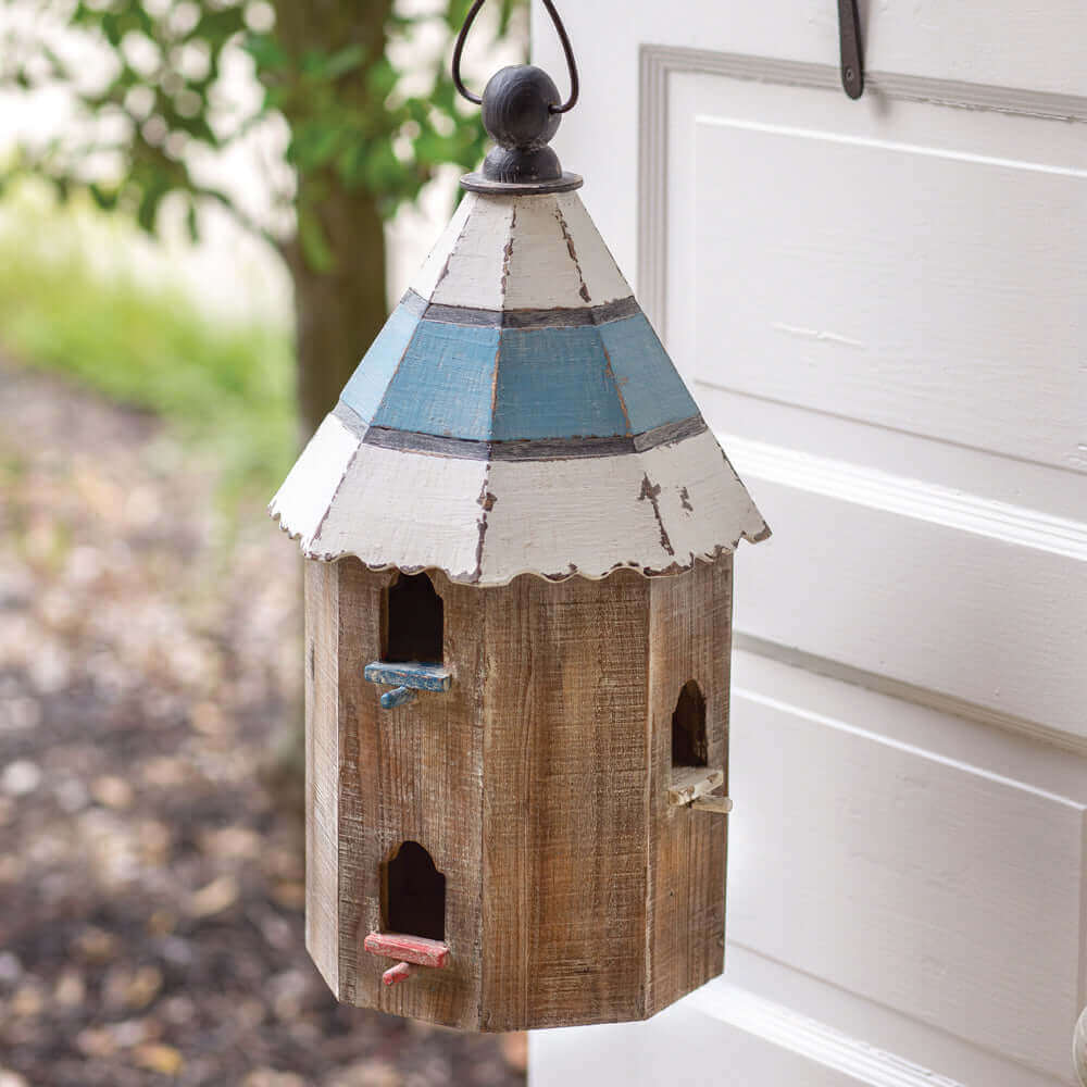 Rustic Wood Hanging Birdhouse with Painted Roof