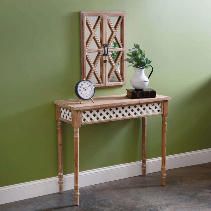 Rustic Wooden Console Table with White Lattice