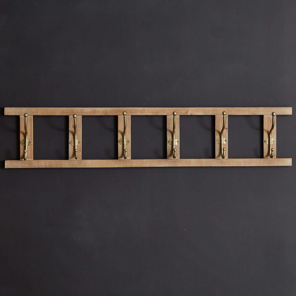 Rustic Wooden Ladder Six Hook Wall Rack