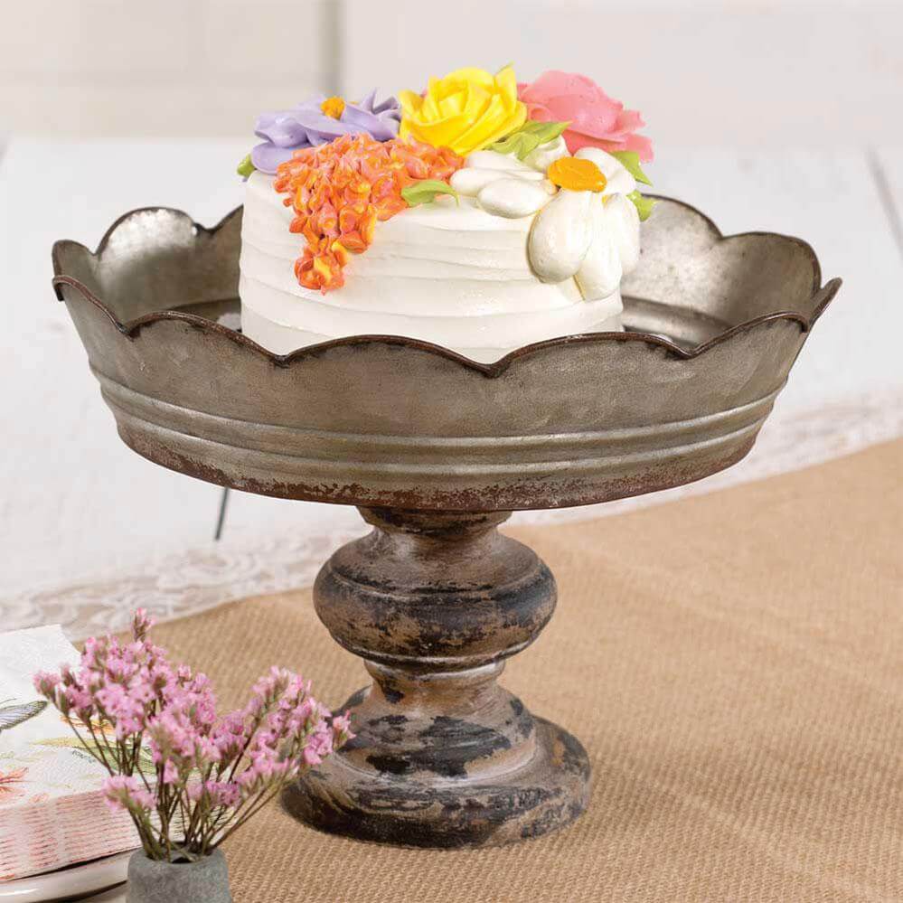 Scalloped Rustic Metal and Wood Cake Stand