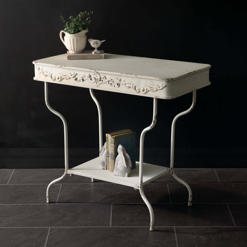 Shabby Chic Metal Console Table With Floral Motif