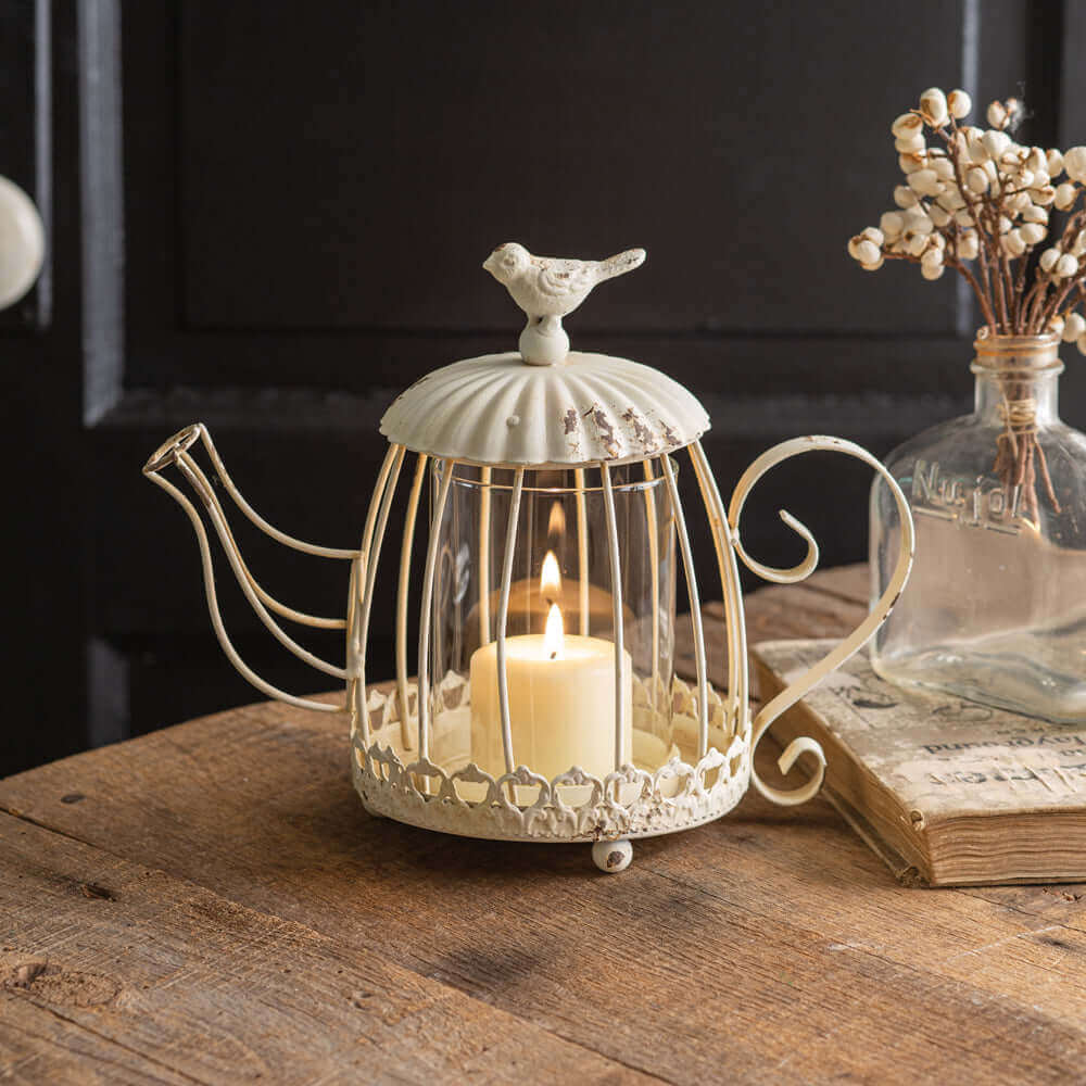 Shabby Chic Tea Kettle Lantern with Bird