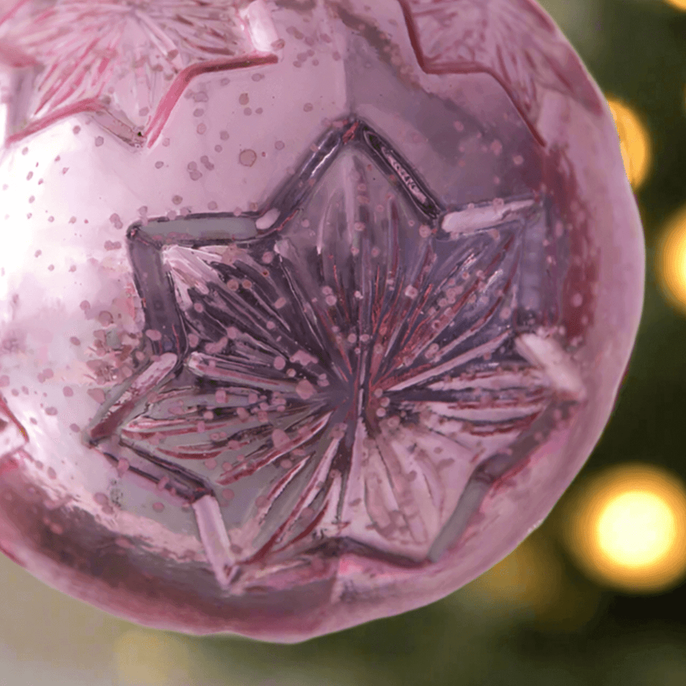 Snowflake Antique Mercury Glass Ball Christmas Ornaments in Pink (Set of 4)