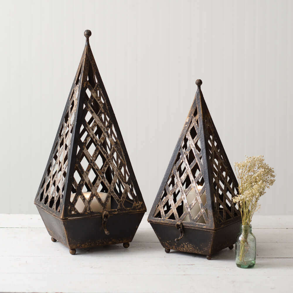 Spire Candle Lanterns in Distressed Metal (Set of 2)