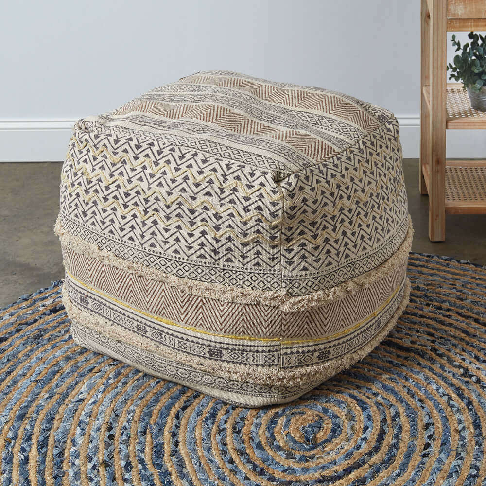 Square Boho Floor Pouf Ottoman with Fringe