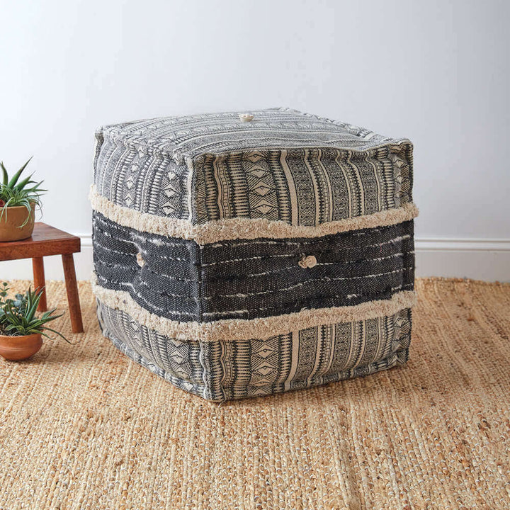 Square Boho Pouf with Fringes