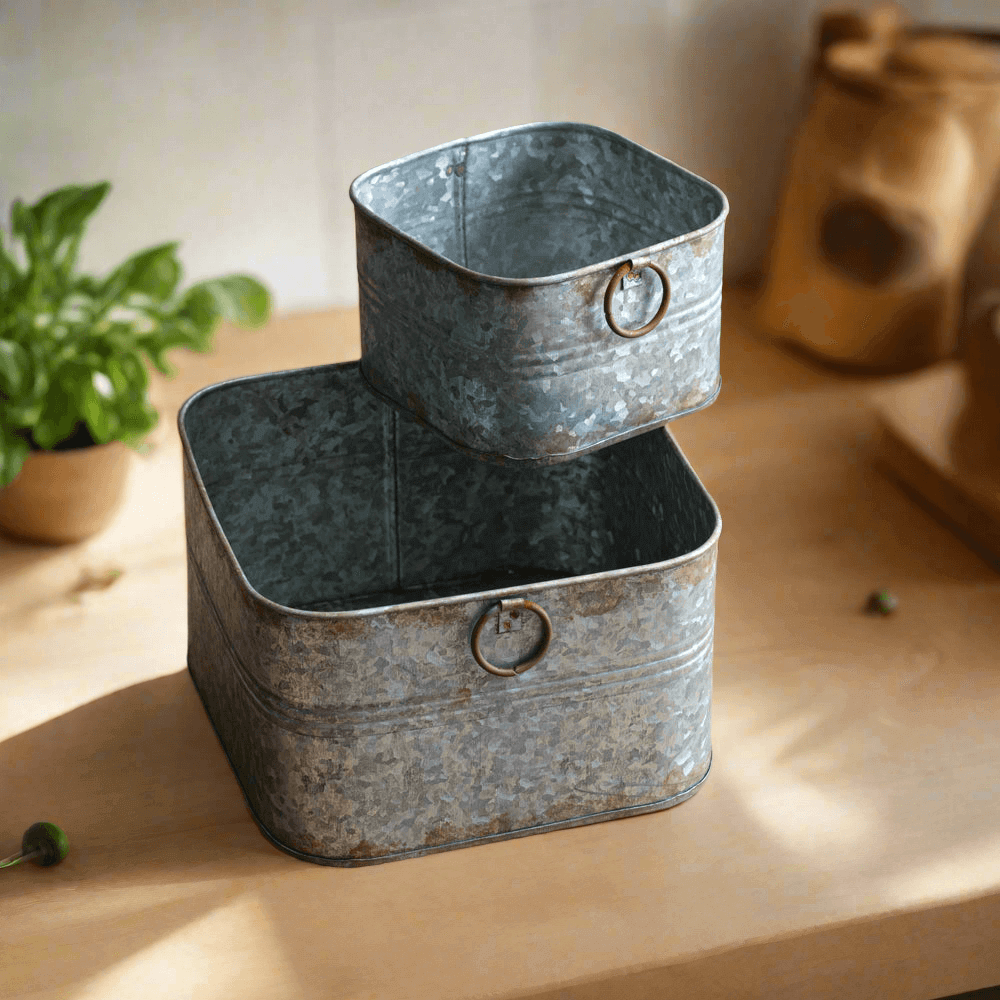 Square Rustic Galvanized Metal Storage Bins (Set of 2)