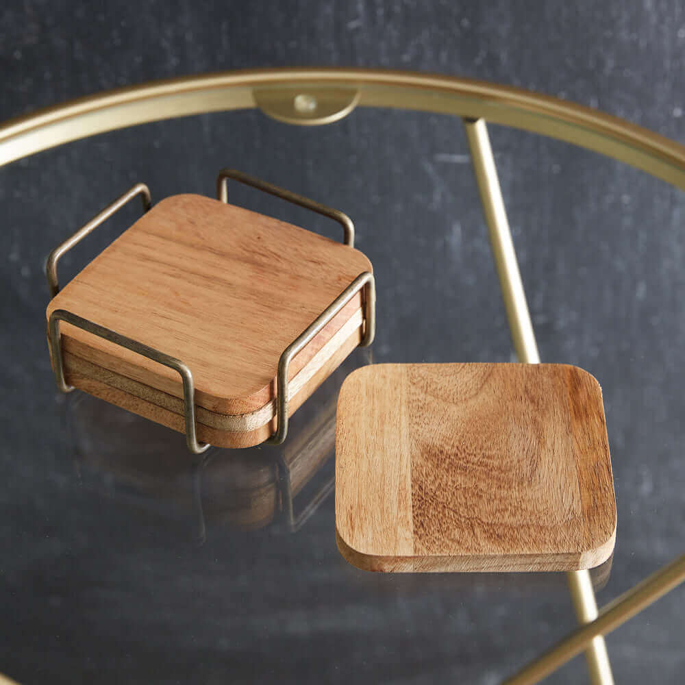 Stained Wood Coasters and Antique Brass Metal Caddy