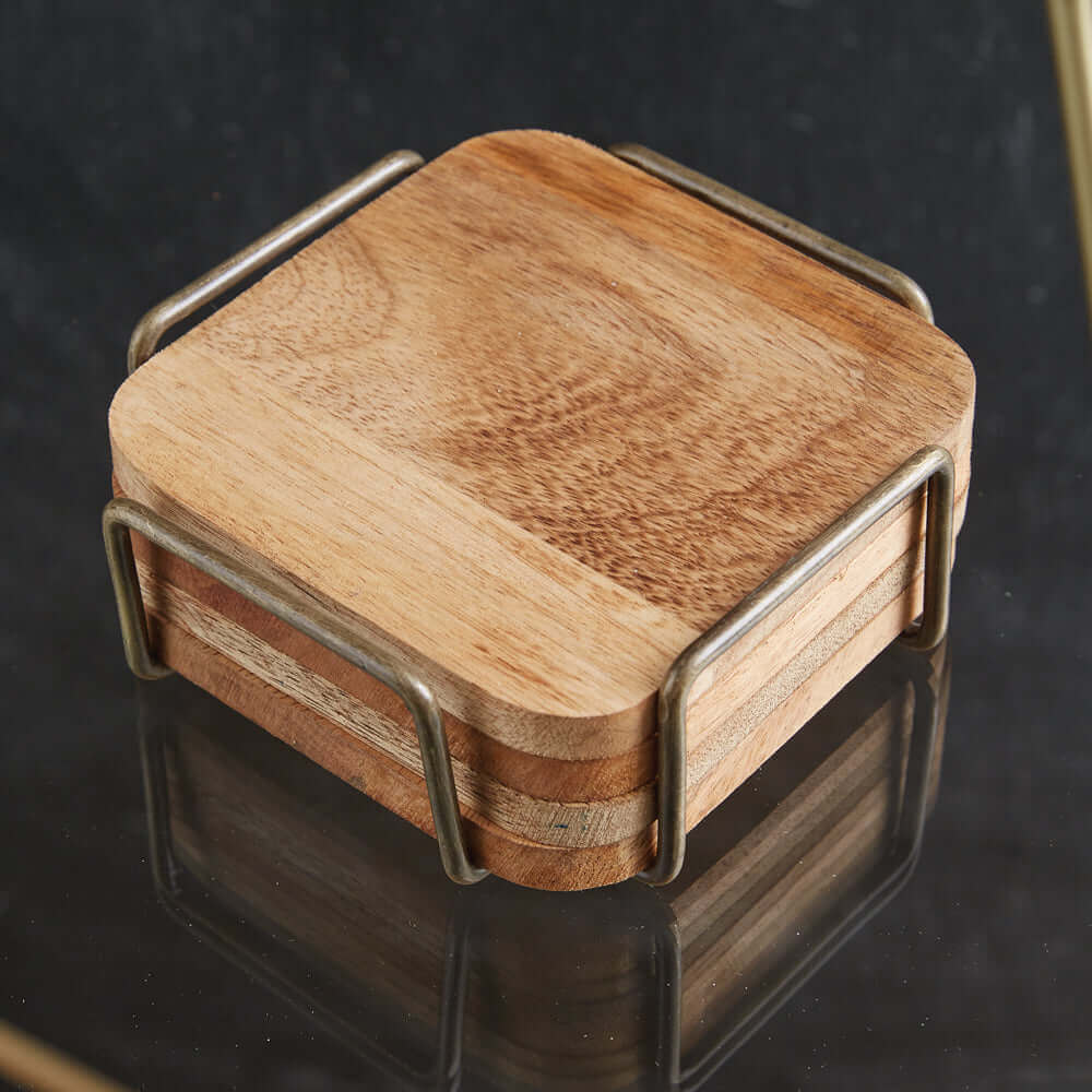 Stained Wood Coasters and Antique Brass Metal Caddy