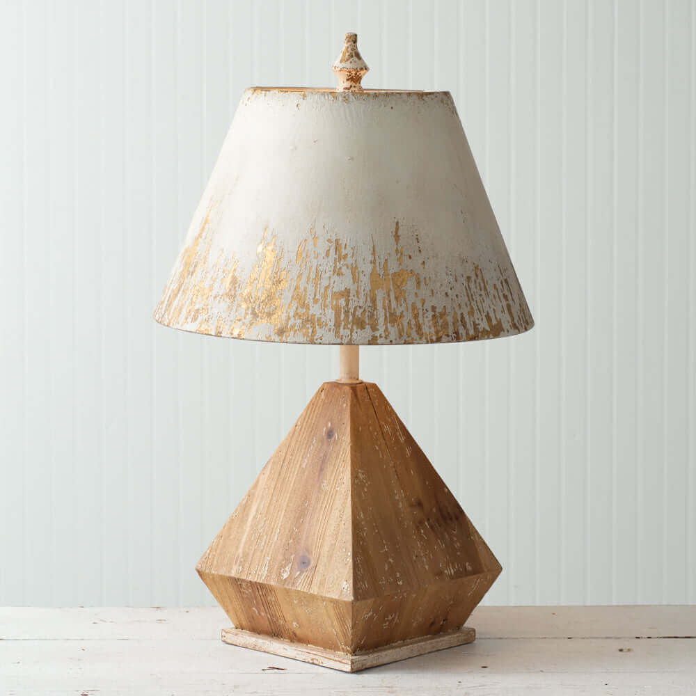 Table Lamp with Wooden Base and Golden Flaked Metal Shade