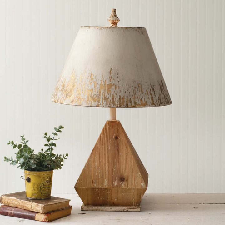 Table Lamp with Wooden Base and Golden Flaked Metal Shade