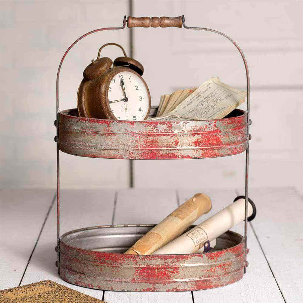 Two-Tier Distressed Red Metal Caddy