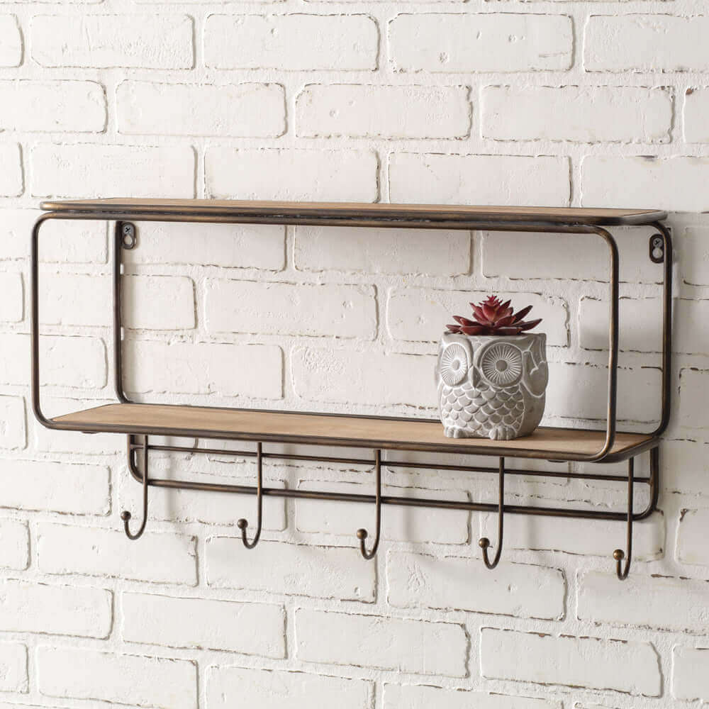 Two-tier Industrial Wall Shelf with Hooks