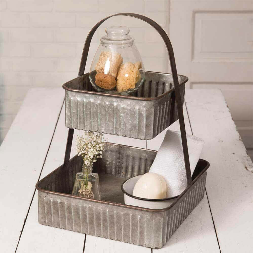 Two-Tiered Rustic Corrugated Metal Square Organizer