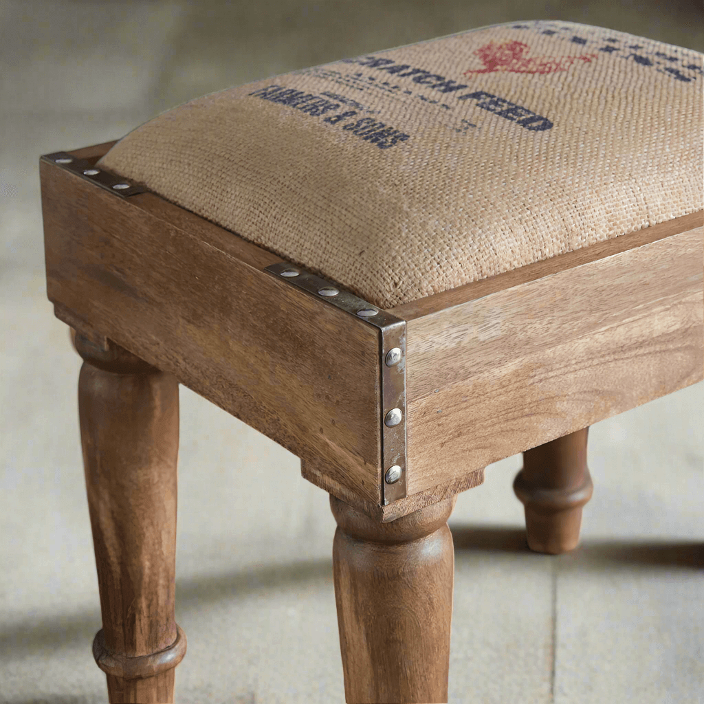 Vintage Farmhouse Grain Sack Footstool