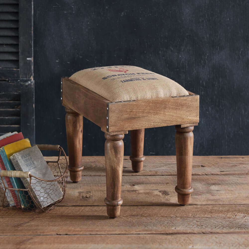 Vintage Farmhouse Grain Sack Footstool