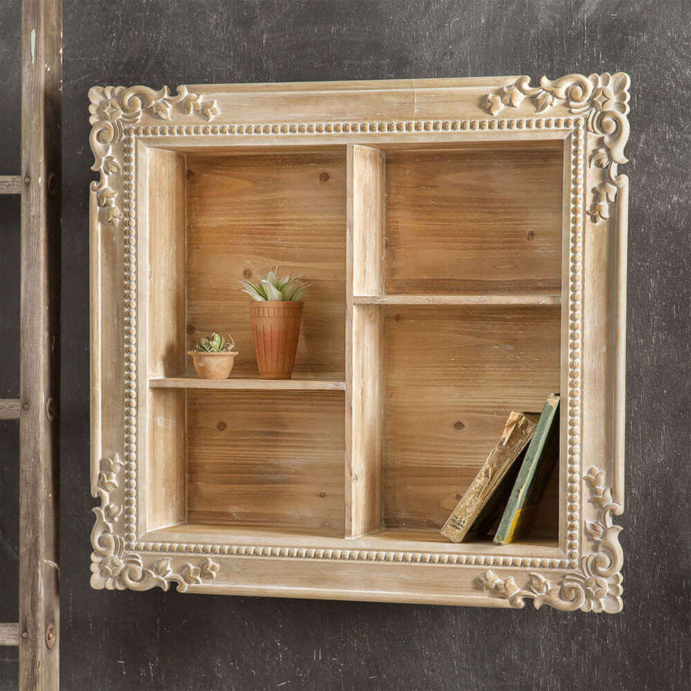 Vintage Inspired Carved Wood Shadow Box with Shelves