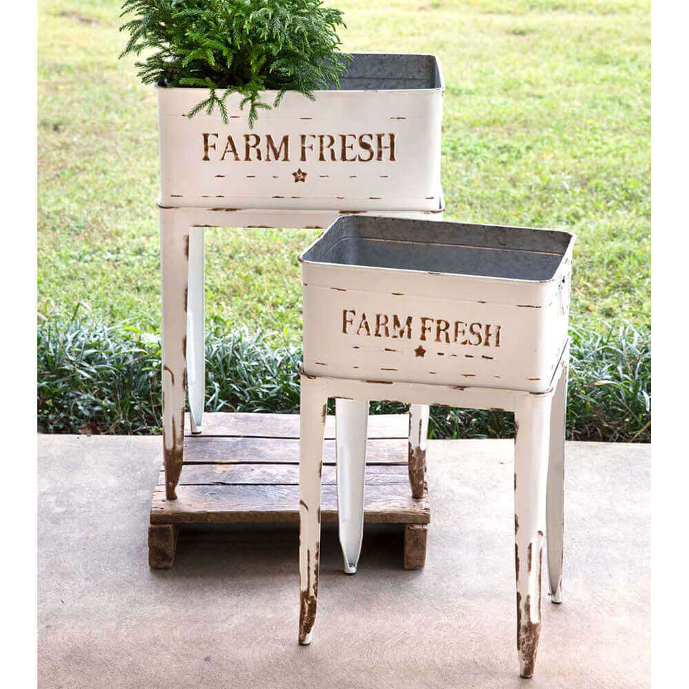 Vintage Inspired Farm Fresh Metal Planters with Stands (Set of 2)