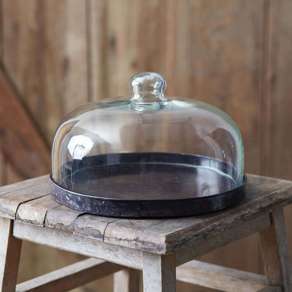 Vintage Inspired Glass Dessert Cloche with Black Metal Tray