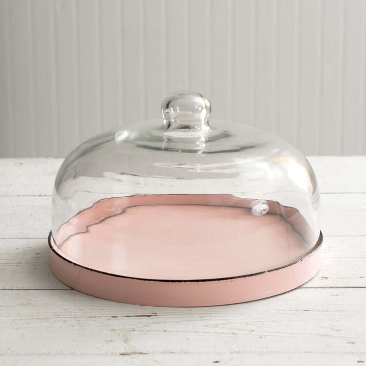 Vintage Inspired Glass Dessert Cloche with Pink Metal Tray