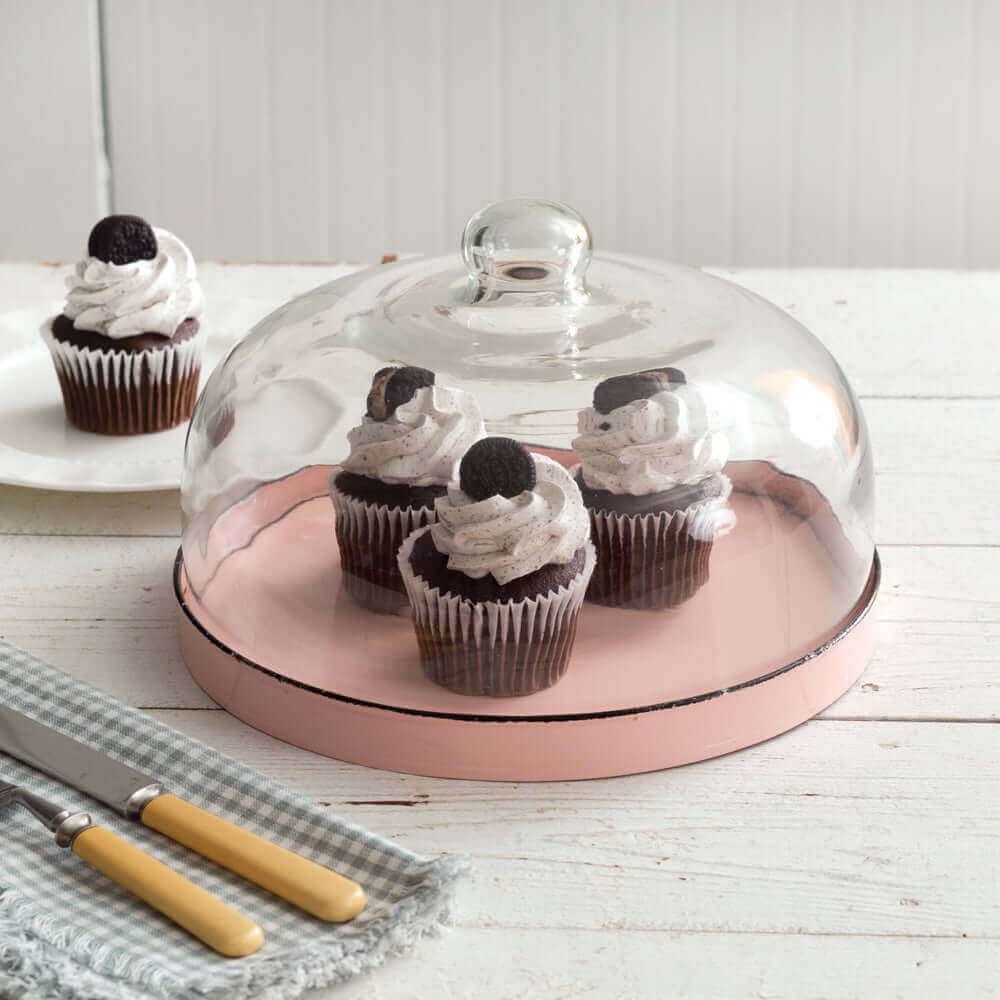 Vintage Inspired Glass Dessert Cloche with Pink Metal Tray