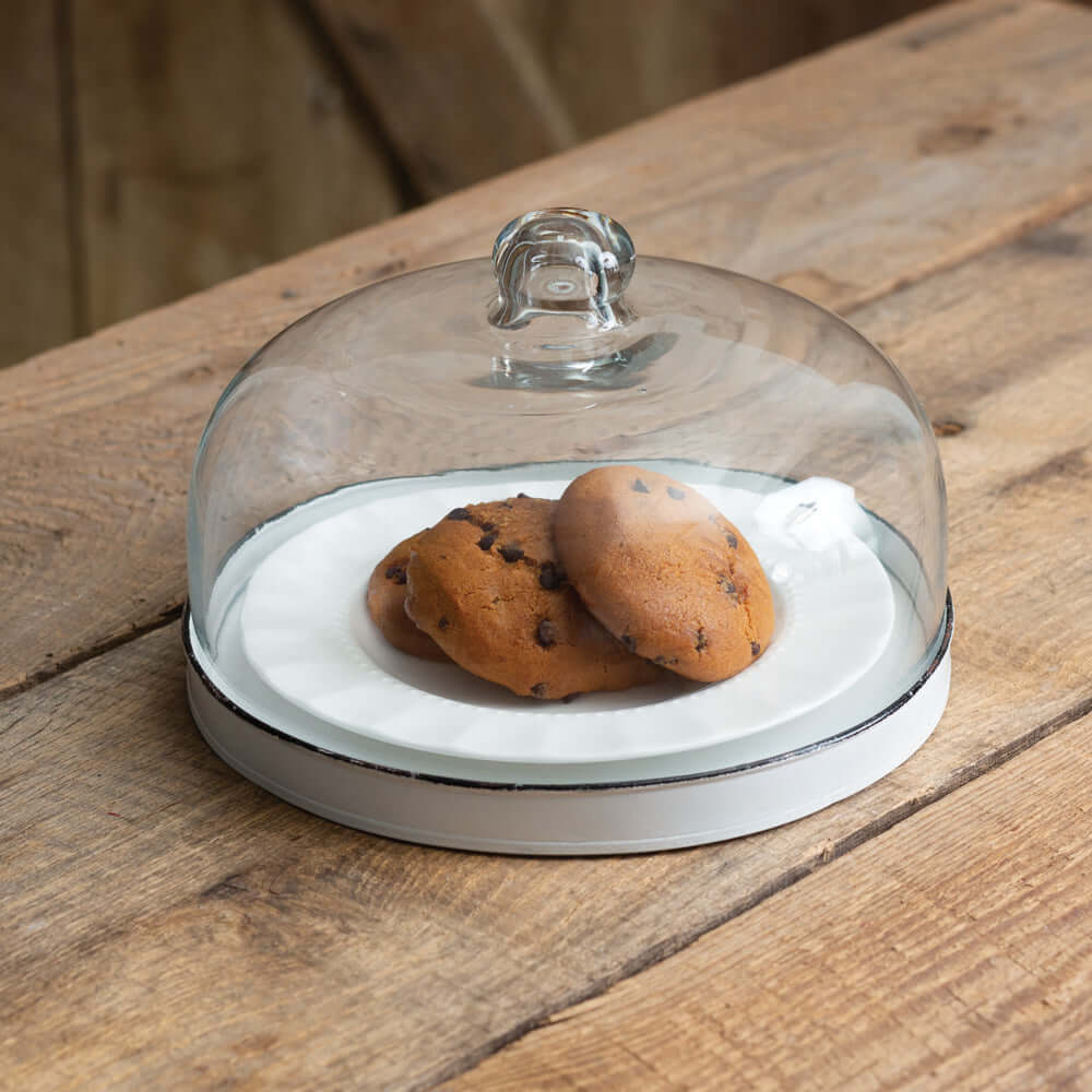 Vintage Inspired Glass Dessert Cloche with White Metal Tray