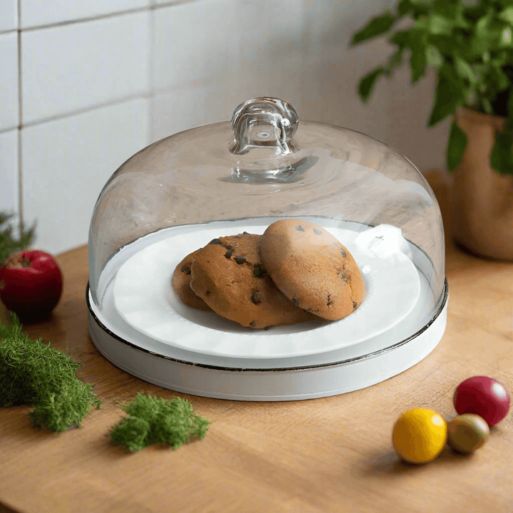 Vintage Inspired Glass Dessert Cloche with White Metal Tray