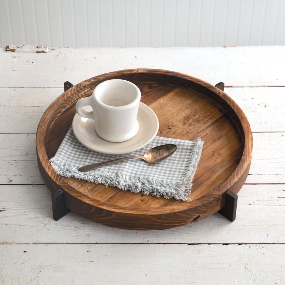 Vintage Inspired Rustic Wood and Metal Round Serving Tray