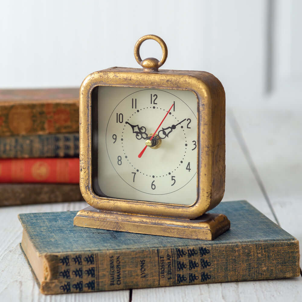 Vintage Inspired Square Tabletop Clock in Distressed Gold