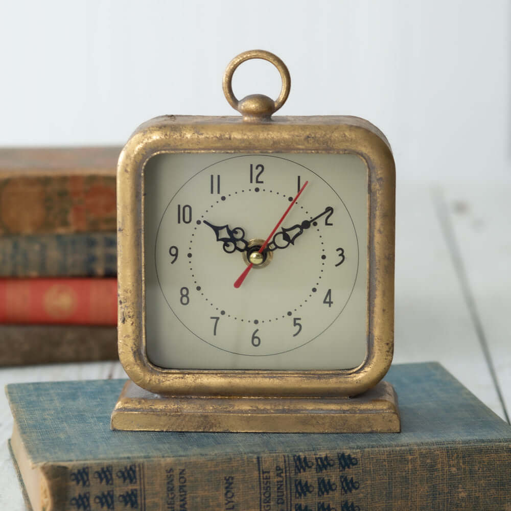 Vintage Inspired Square Tabletop Clock in Distressed Gold