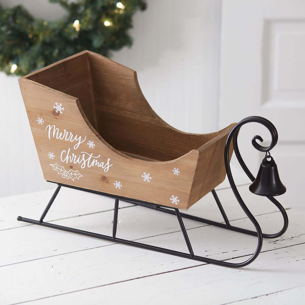 Vintage Inspired Wooden Tabletop Christmas Sleigh with Bell