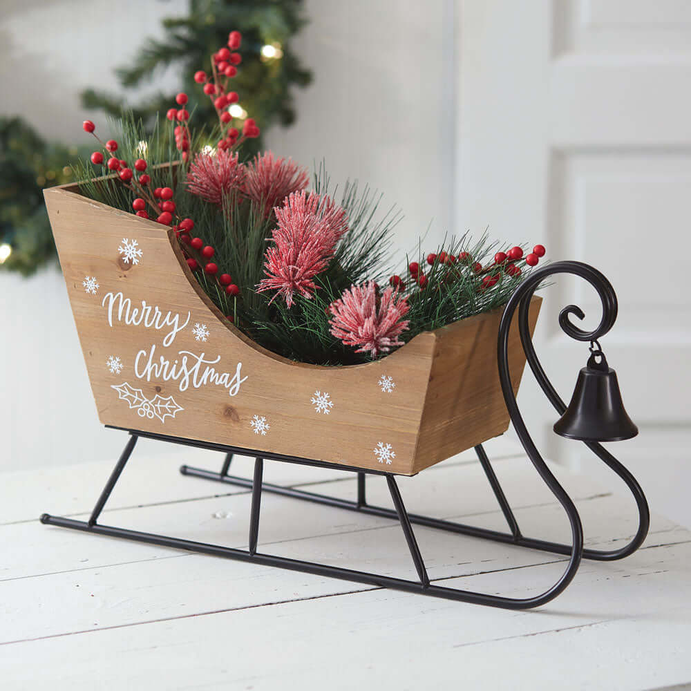 Vintage Inspired Wooden Tabletop Christmas Sleigh with Bell