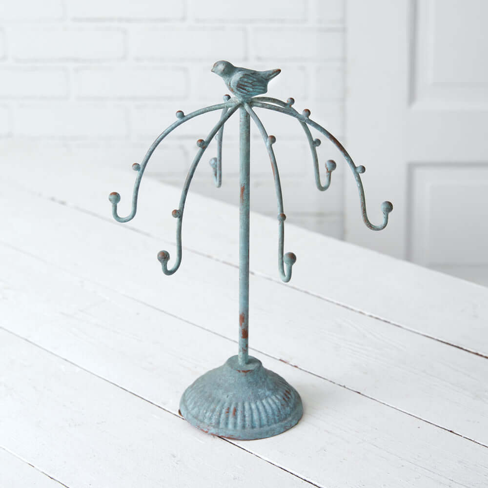 Vintage Jewelry Tree with Bird in Verdigris Metal