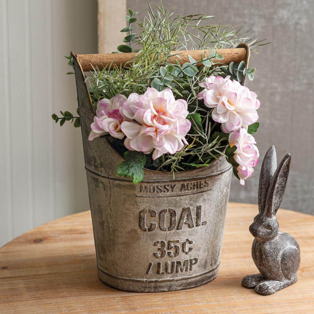 Vintage Metal Coal Bucket with Wooden Handle