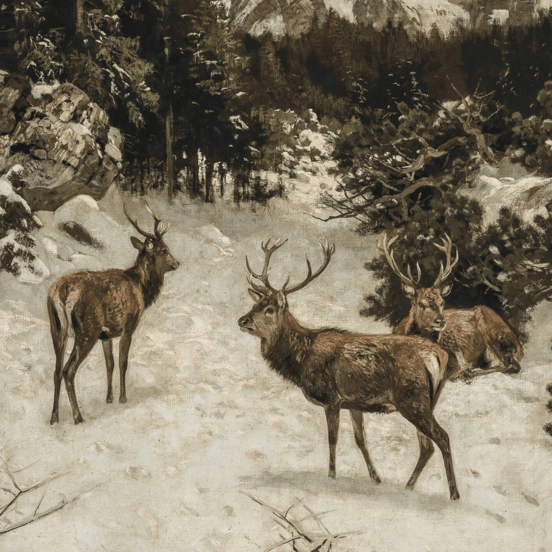 Vintage Oil Painting of Deer in Snowy Winter Landscape