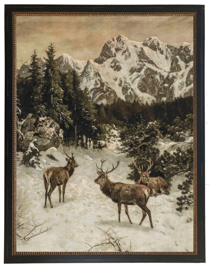 Vintage Oil Painting of Deer in Snowy Winter Landscape