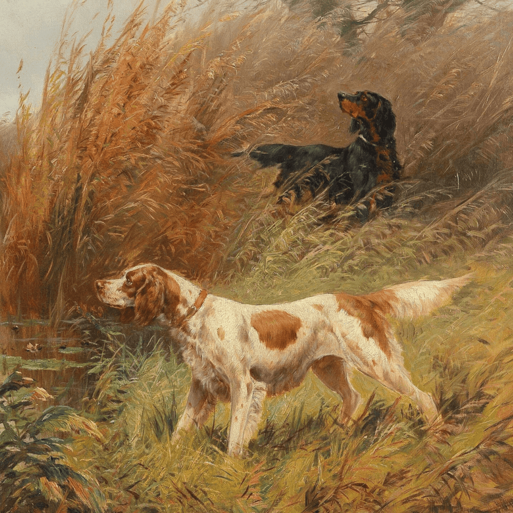 Vintage Oil Painting of Two English Setters Watching Ducks