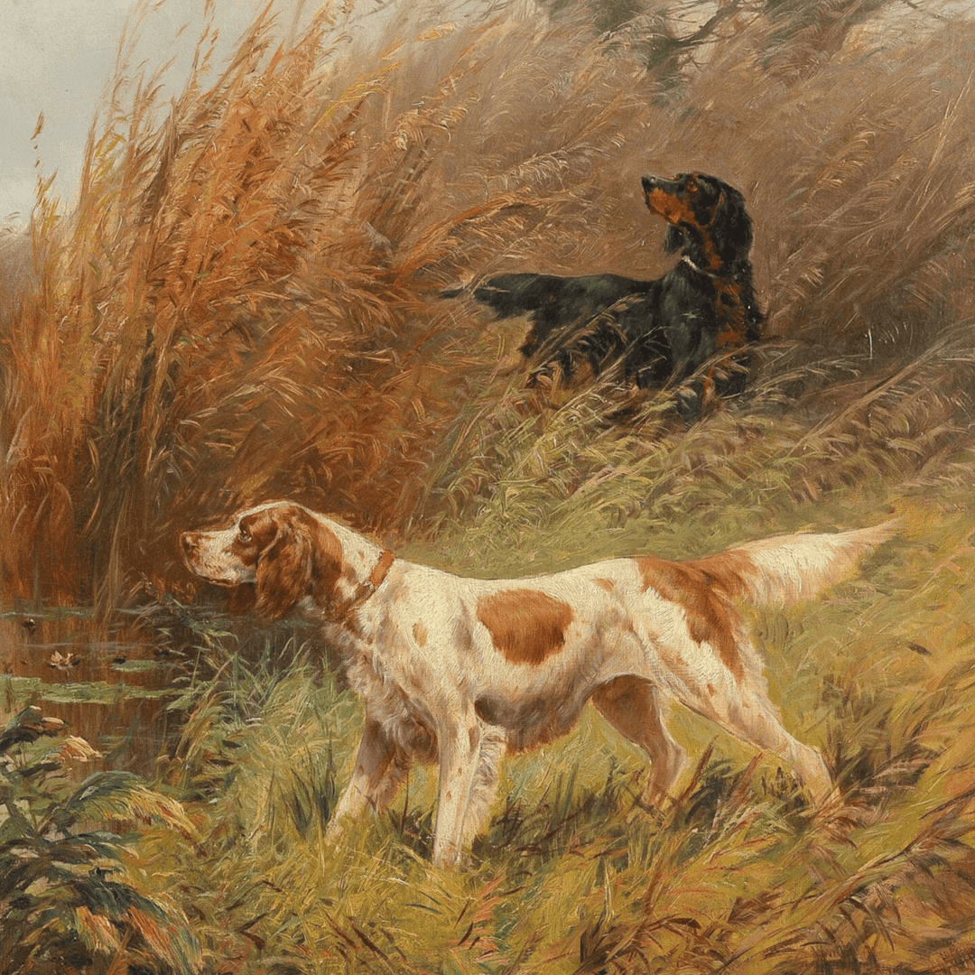 Vintage Oil Painting of Two English Setters Watching Ducks