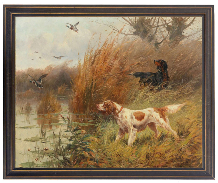 Vintage Oil Painting of Two English Setters Watching Ducks