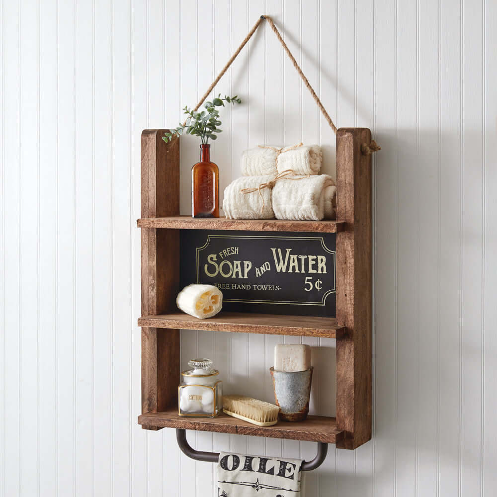 Vintage Rustic Bathroom Wall Shelves with Towel Bar