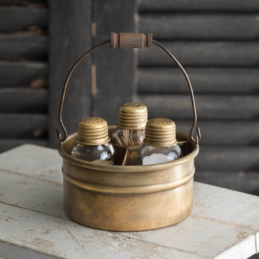 Vintage Salt Pepper and Toothpick Caddy in Antique Brass