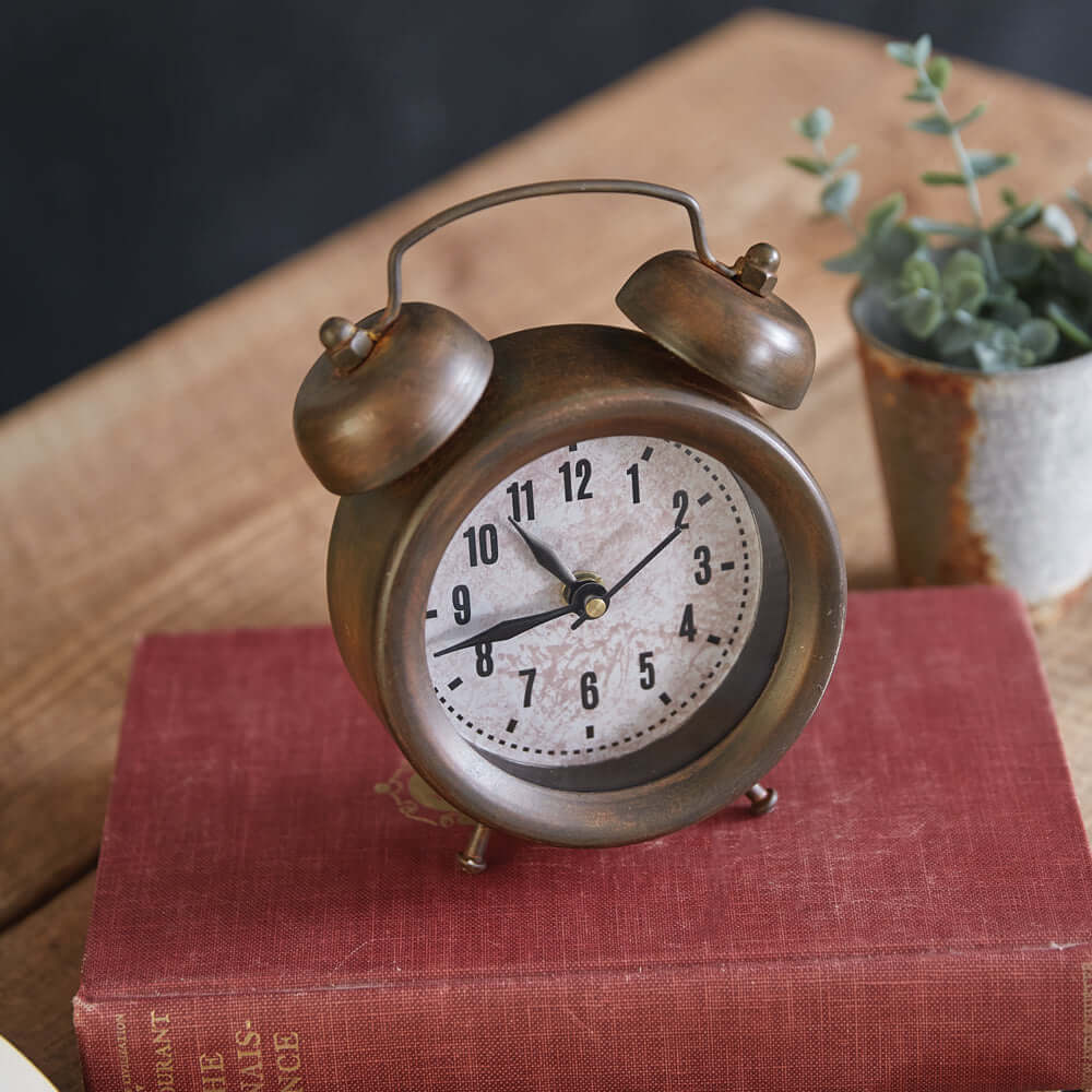 Vintage Tabletop Twin-Bell Alarm Clock in Aged Bronze