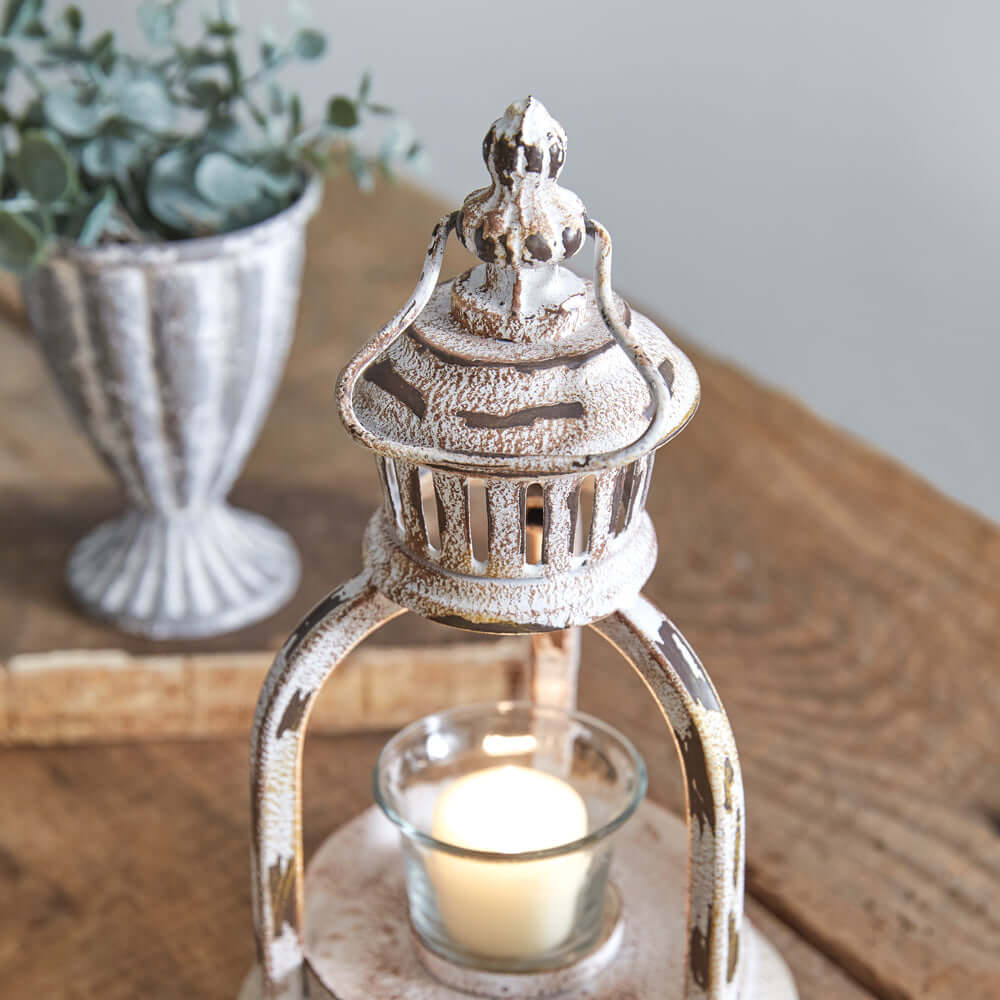 Vintage Votive Candle Lantern in Distressed White