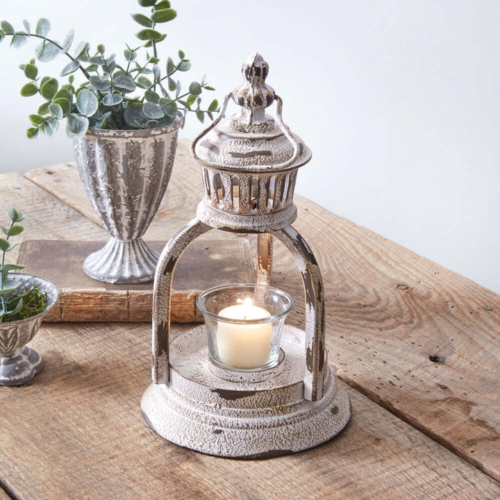 Vintage Votive Candle Lantern in Distressed White