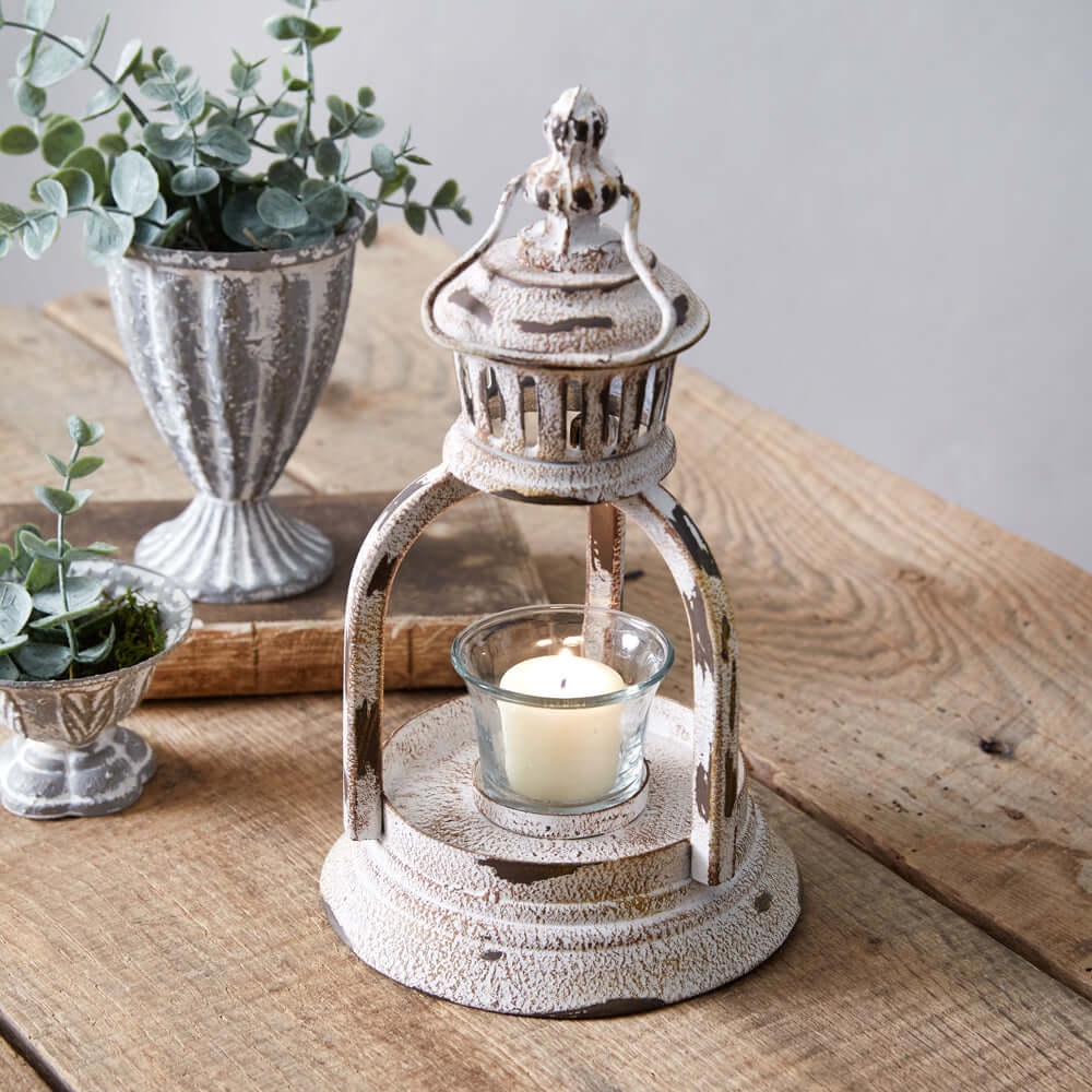 Vintage Votive Candle Lantern in Distressed White