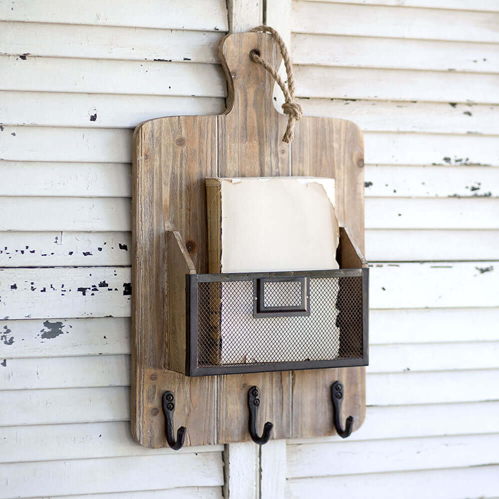 Wall Mounted Cutting Board Rack with Hooks and Storage Basket