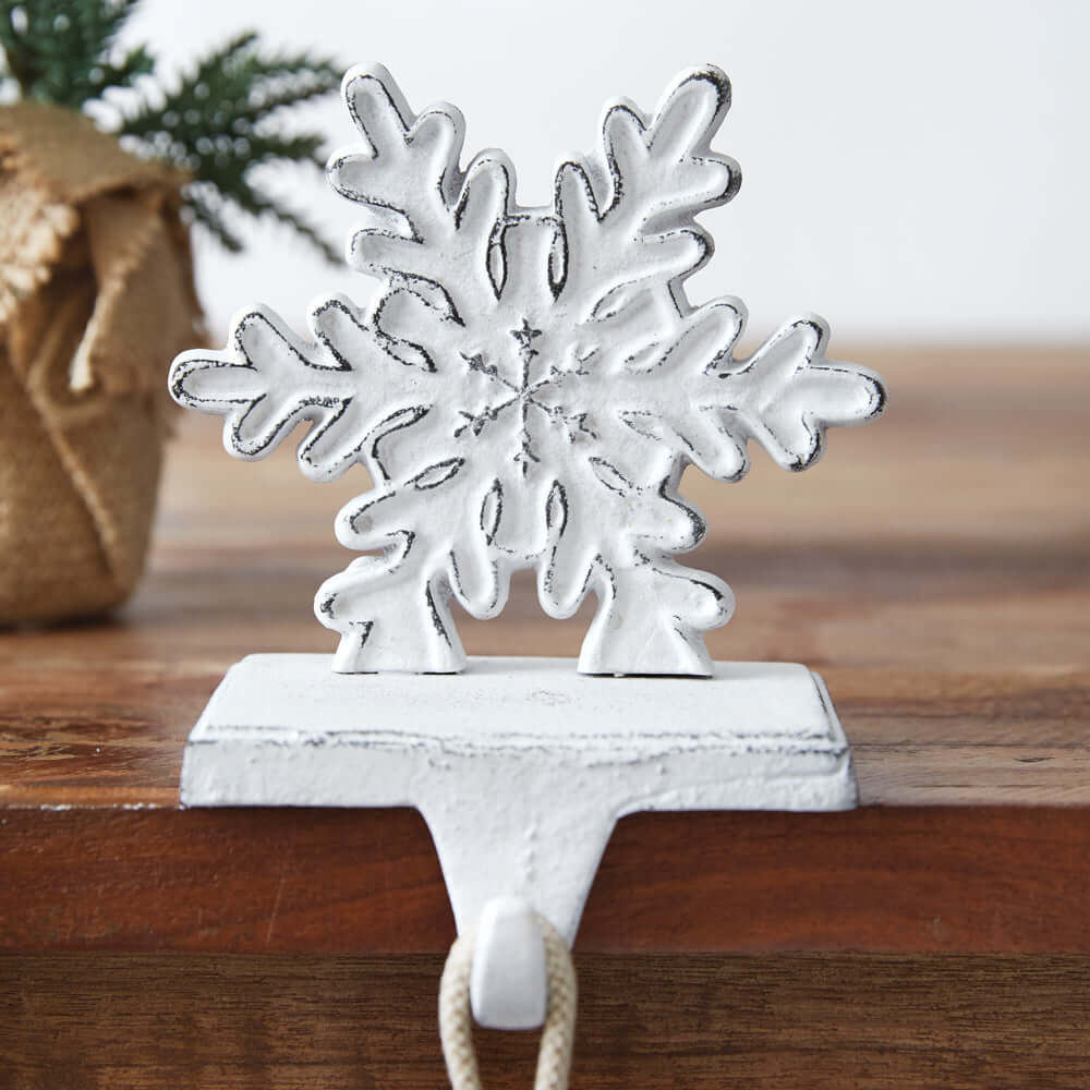 White Rustic Snowflake Stocking Holder in Cast Iron