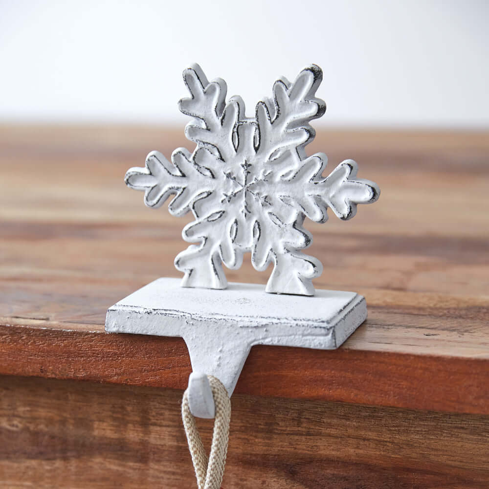 White Rustic Snowflake Stocking Holder in Cast Iron