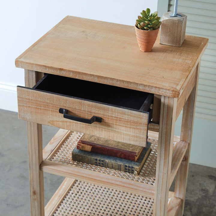 Wood Nightstand with Two Cane Shelves and Drawer