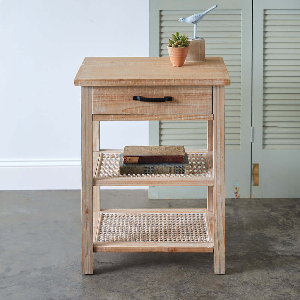 Wood Nightstand with Two Cane Shelves and Drawer